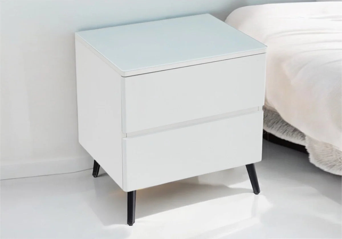 Table chevet bois mat blanc pied noir LYDIA - Galerie du Mobilier