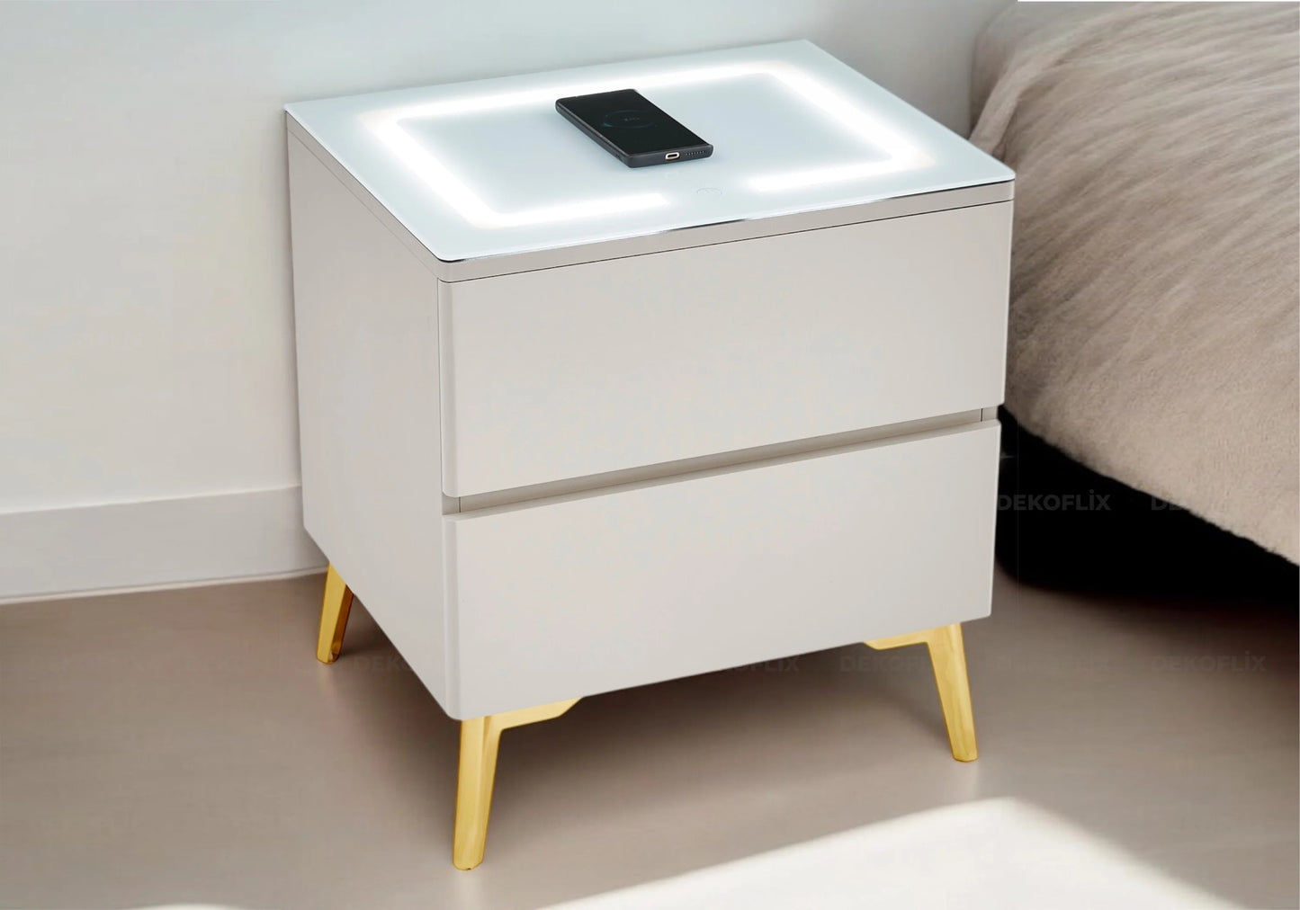 Table chevet led chargeur taupe doré LYDIA - Galerie du Mobilier