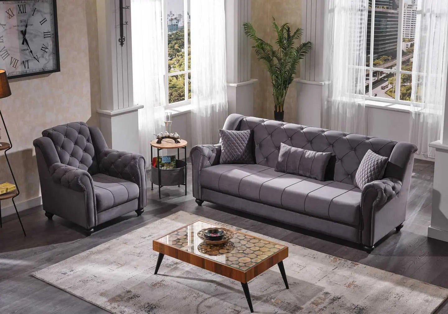Canapé capitonné velours gris MEVA - Galerie du Mobilier