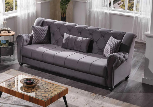 Canapé capitonné velours gris MEVA - Galerie du Mobilier