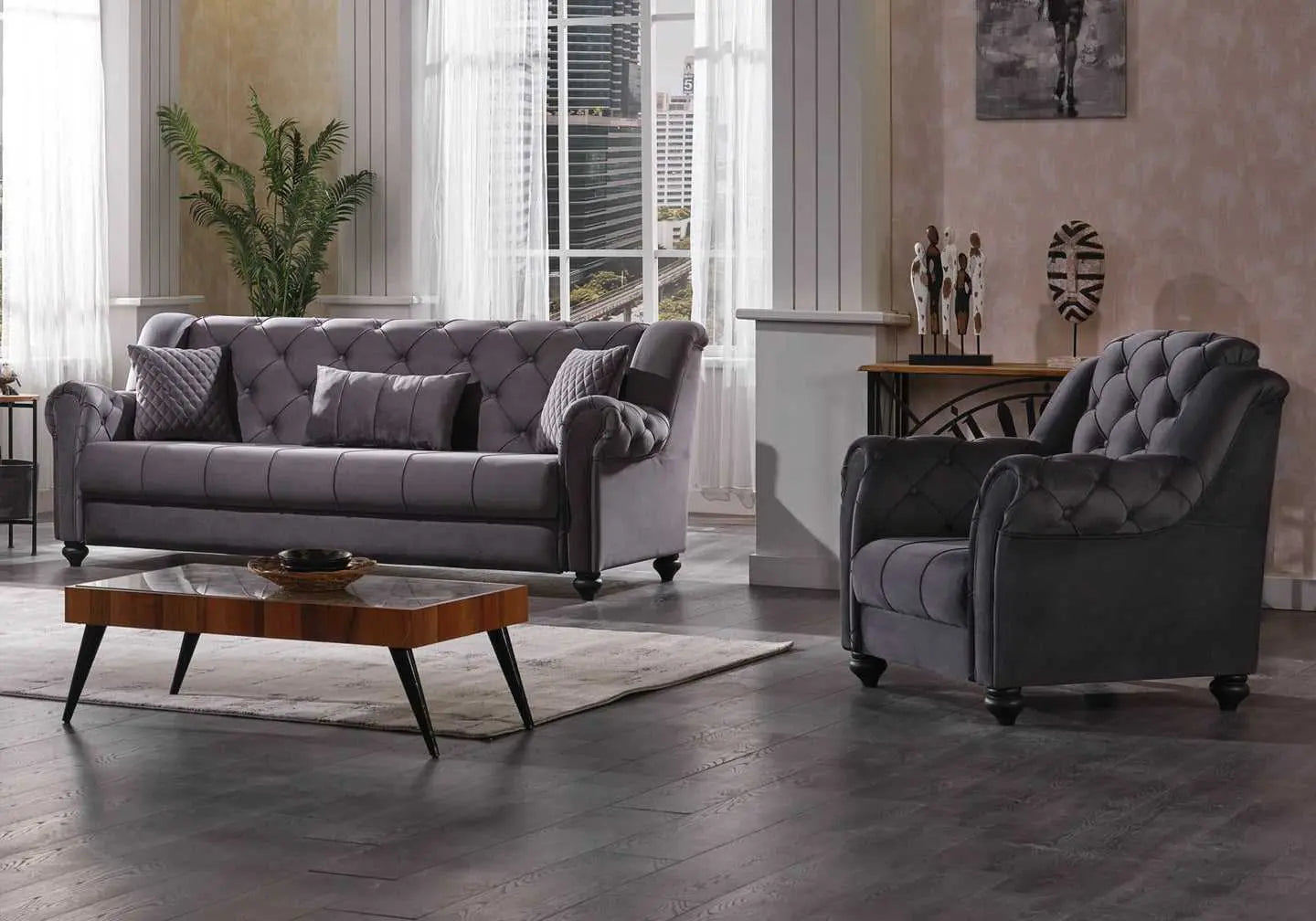 Canapé capitonné velours gris MEVA - Galerie du Mobilier