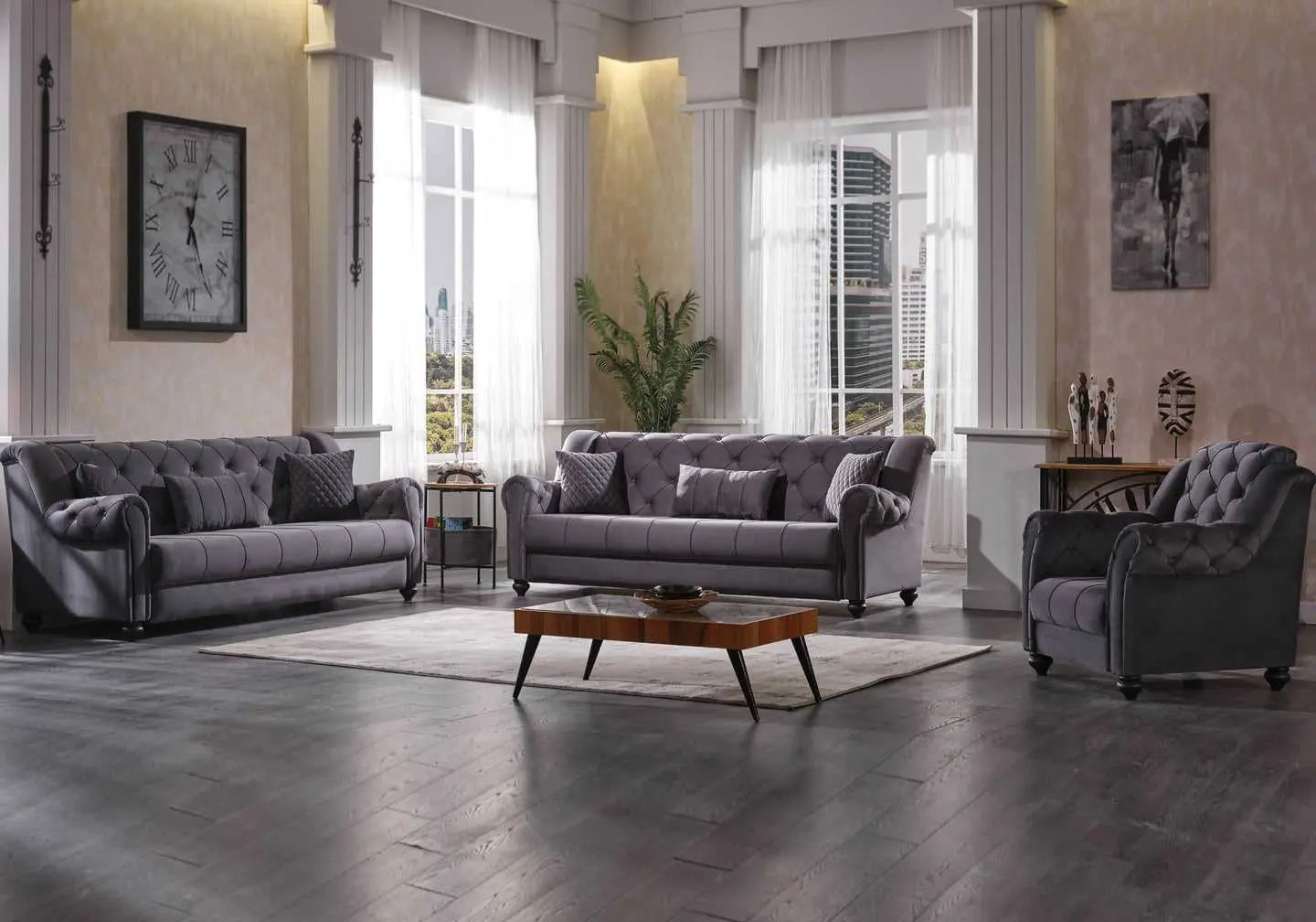 Canapé capitonné velours gris MEVA - Galerie du Mobilier