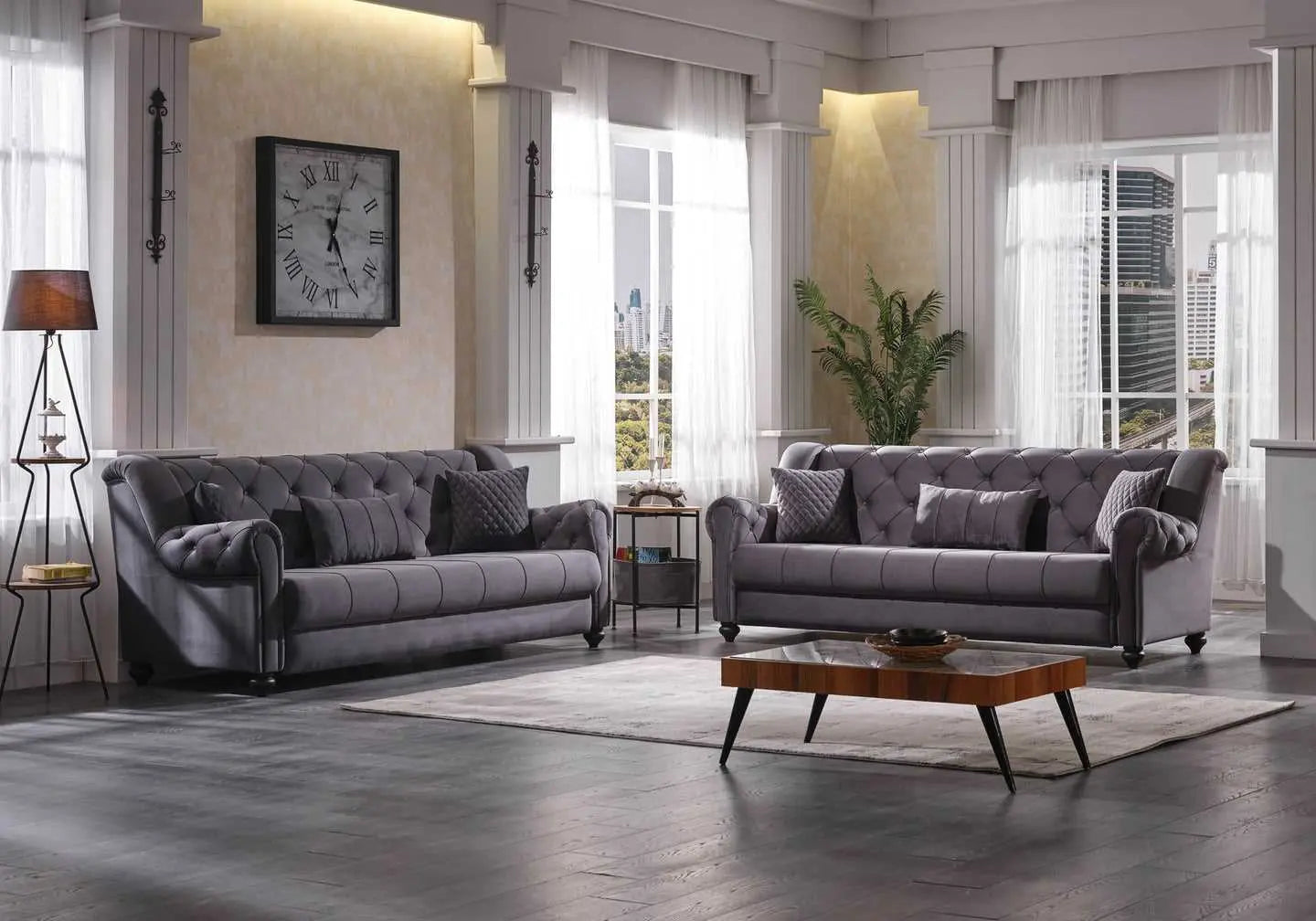 Canapé capitonné velours gris MEVA - Galerie du Mobilier