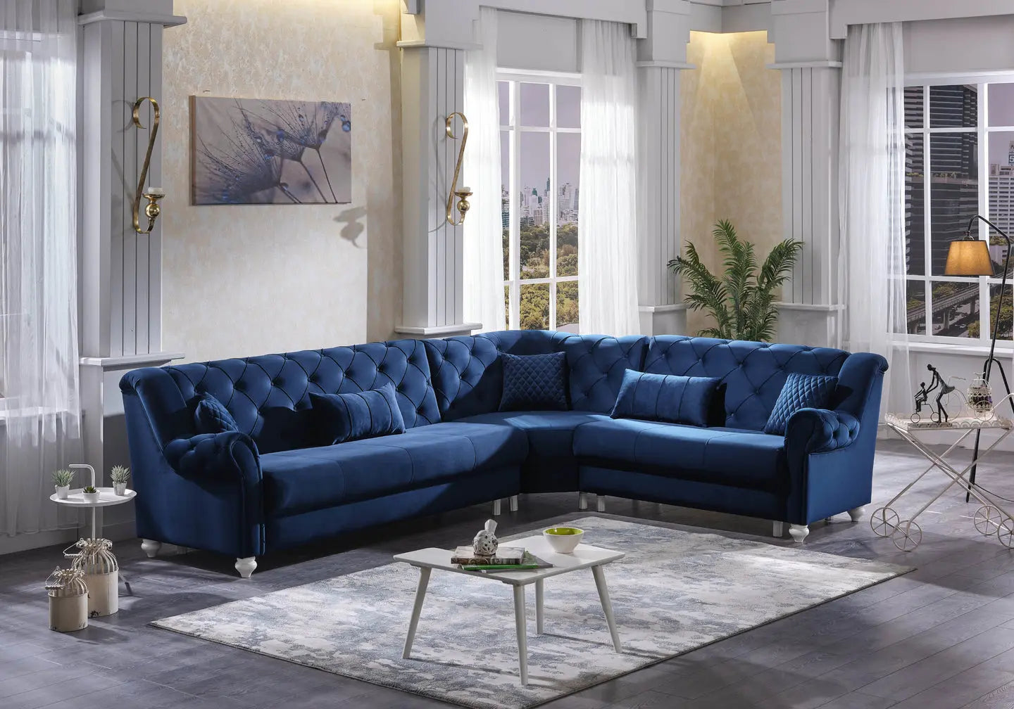 Canapé d’angle capitonné bleu MEVA Slims Mobilya