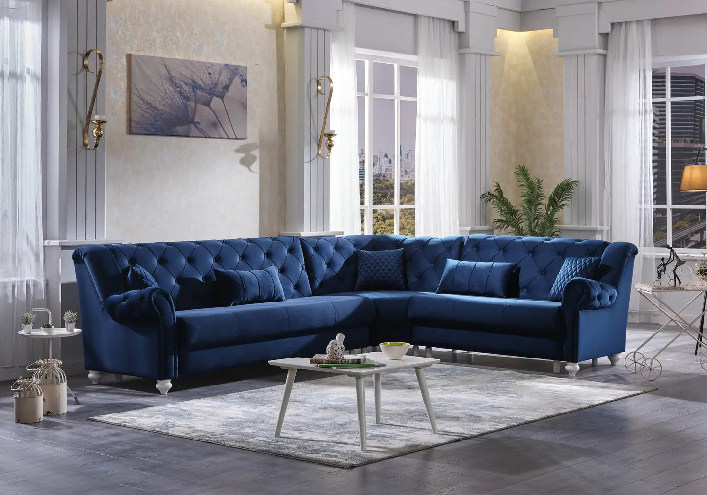 Canapé d’angle capitonné bleu MEVA Slims Mobilya