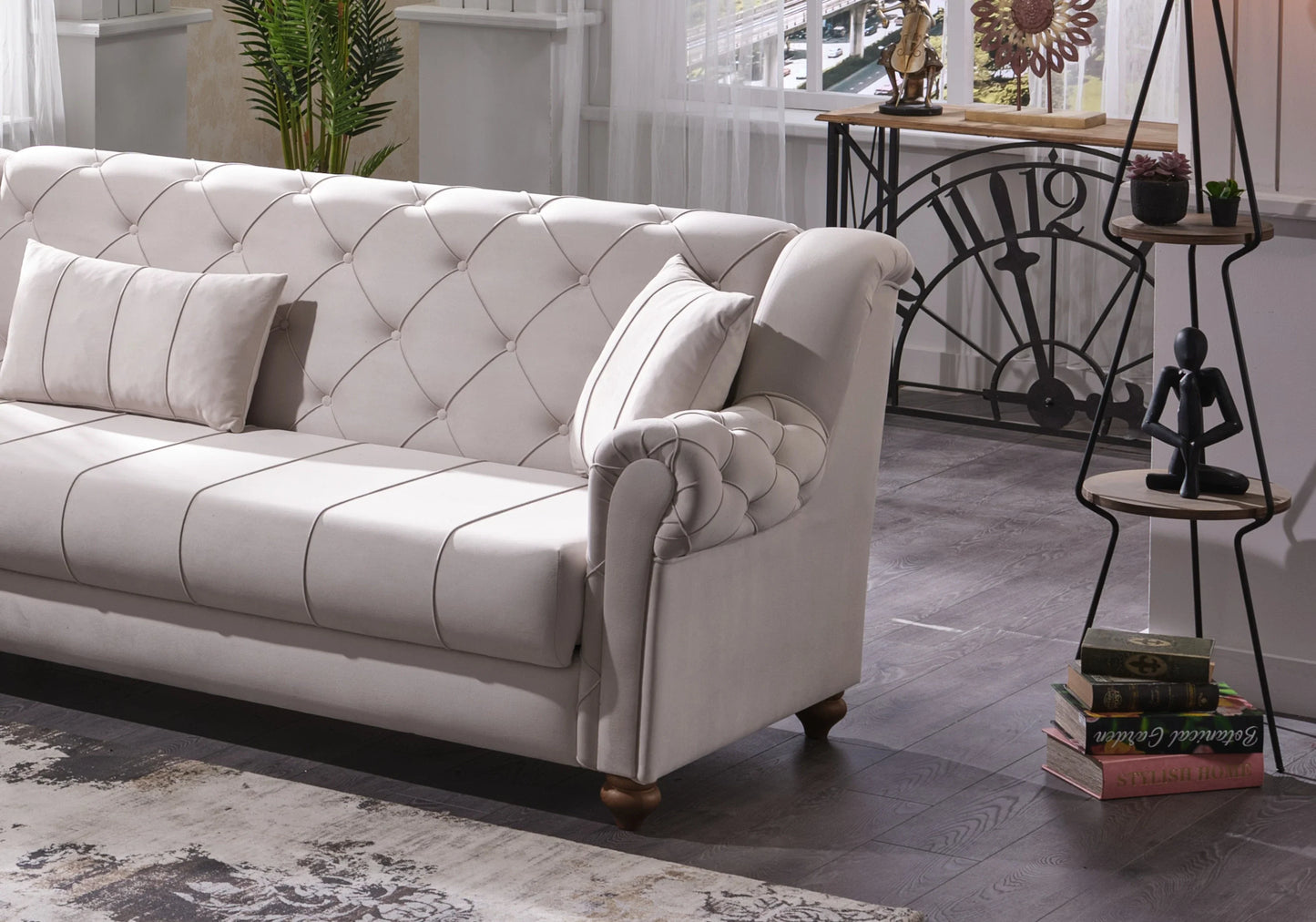 Canapé convertible capitonné velours beige – MEVA