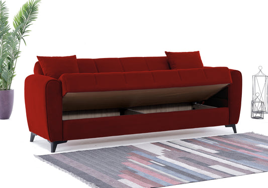 Canapé lit coffre de rangement velours rouge - LARA