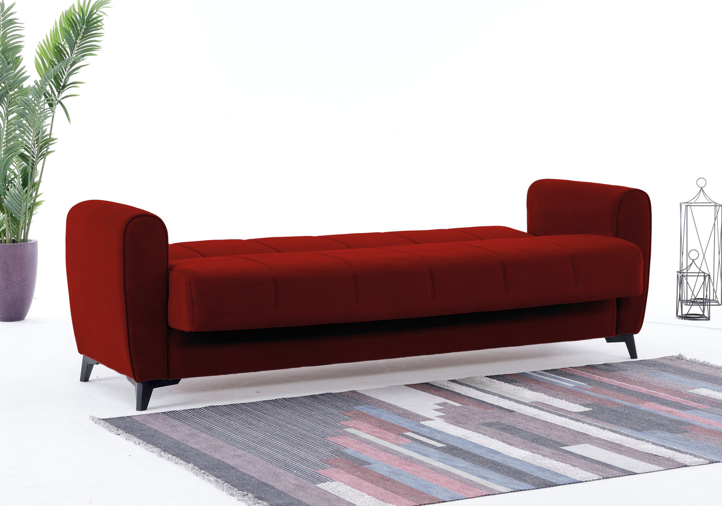 Canapé lit coffre de rangement velours rouge - LARA