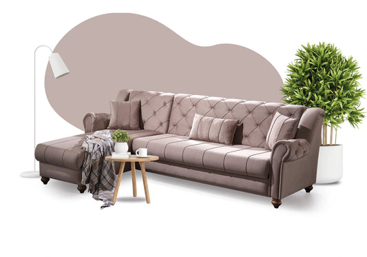 Canapé méridienne capitonné velours taupe – MEVA