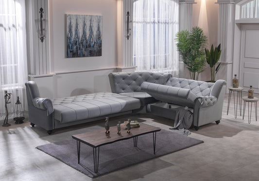 Canapé d’angle capitonné velours gris – MEVA