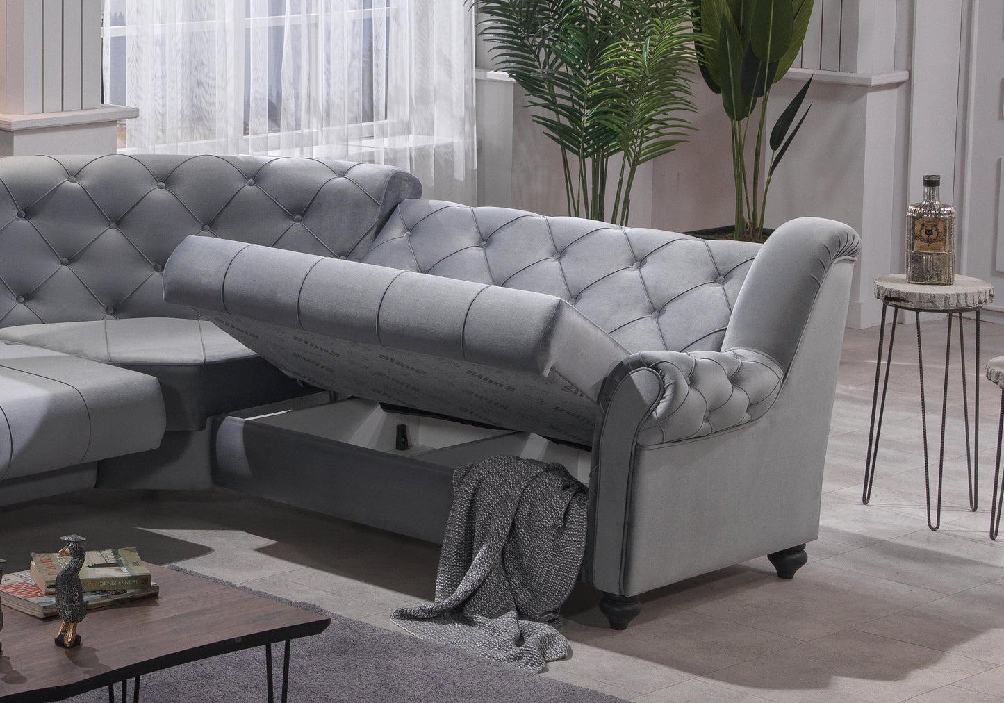 Canapé d’angle capitonné velours gris – MEVA