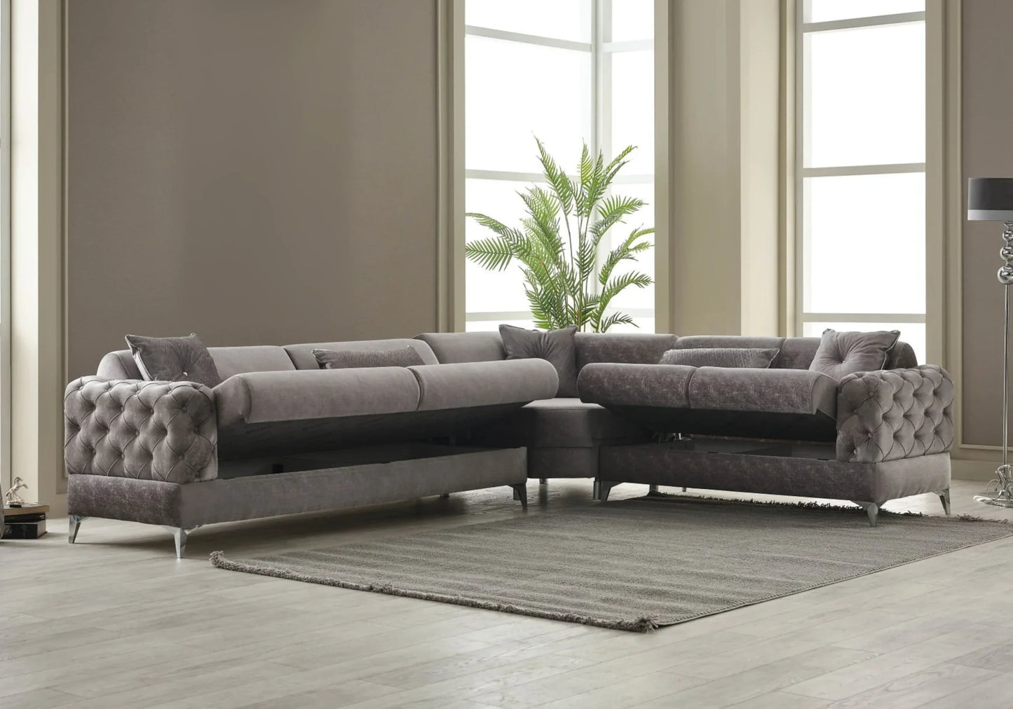 Canapé d’angle capitonné velours gris – BOSNA