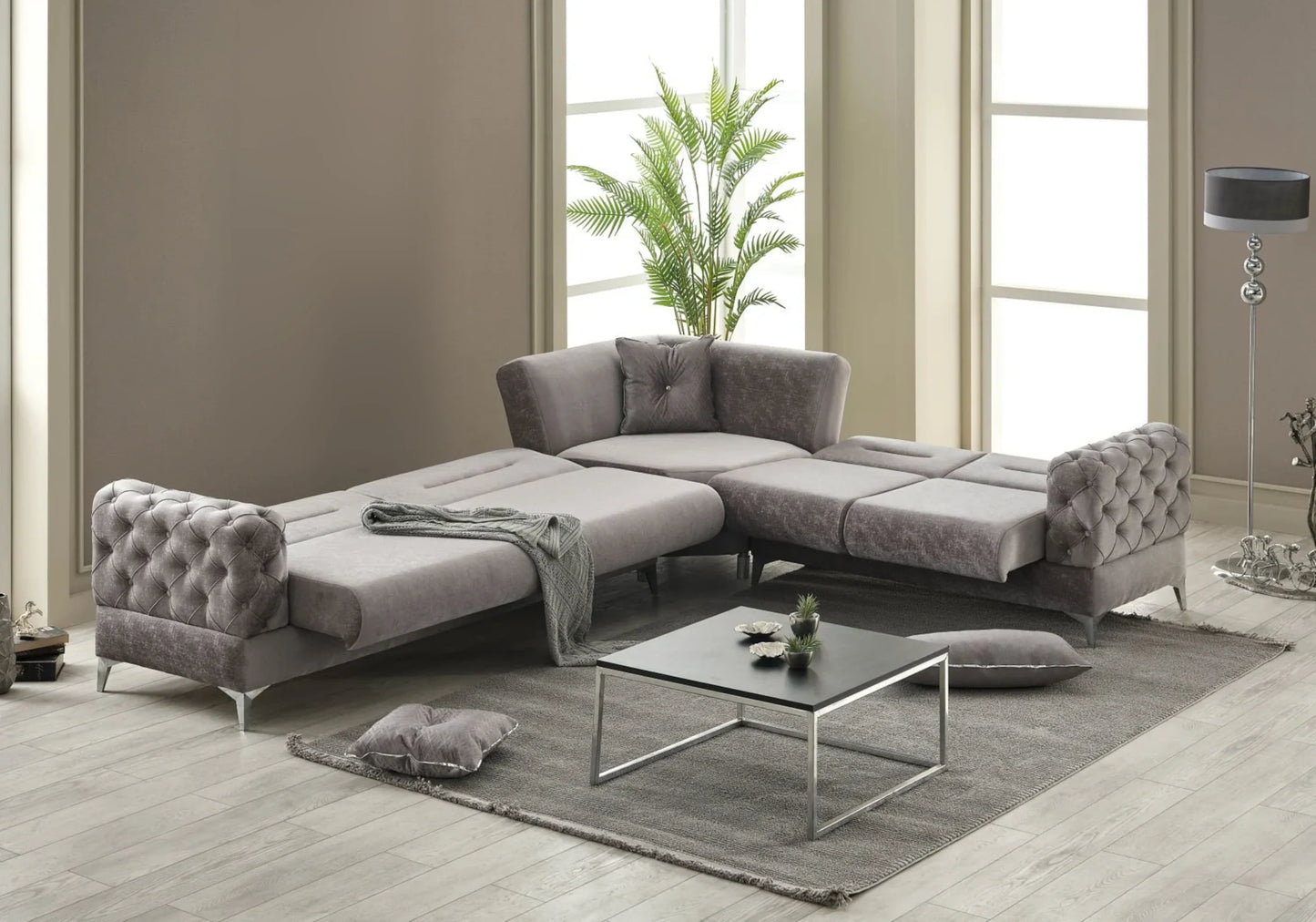 Canapé d’angle capitonné velours gris – BOSNA