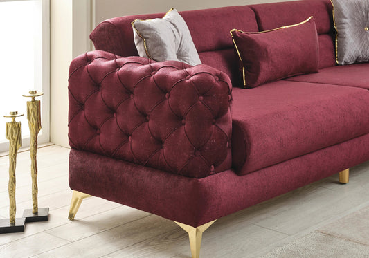 Canapé lit capitonné velours bordeaux doré – BOSNA
