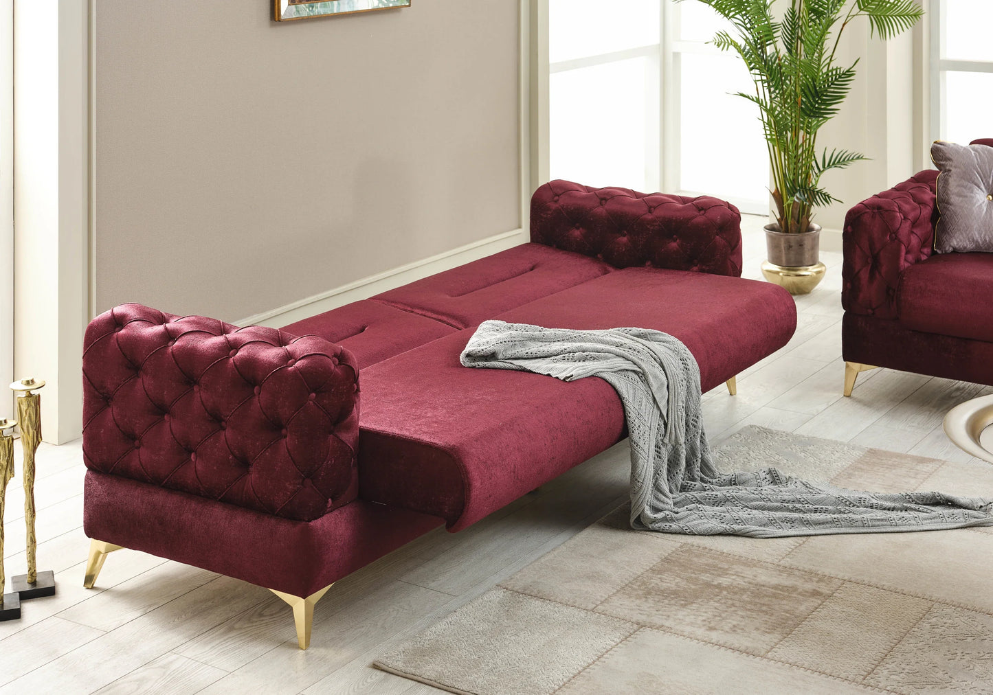 Canapé lit capitonné velours bordeaux doré – BOSNA