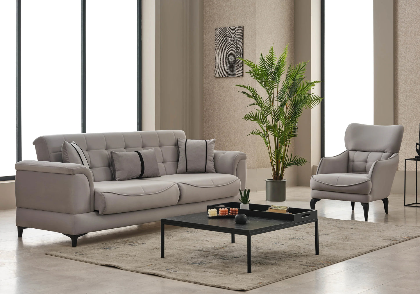 Canapé convertible capitonné velours gris perle – DELTA