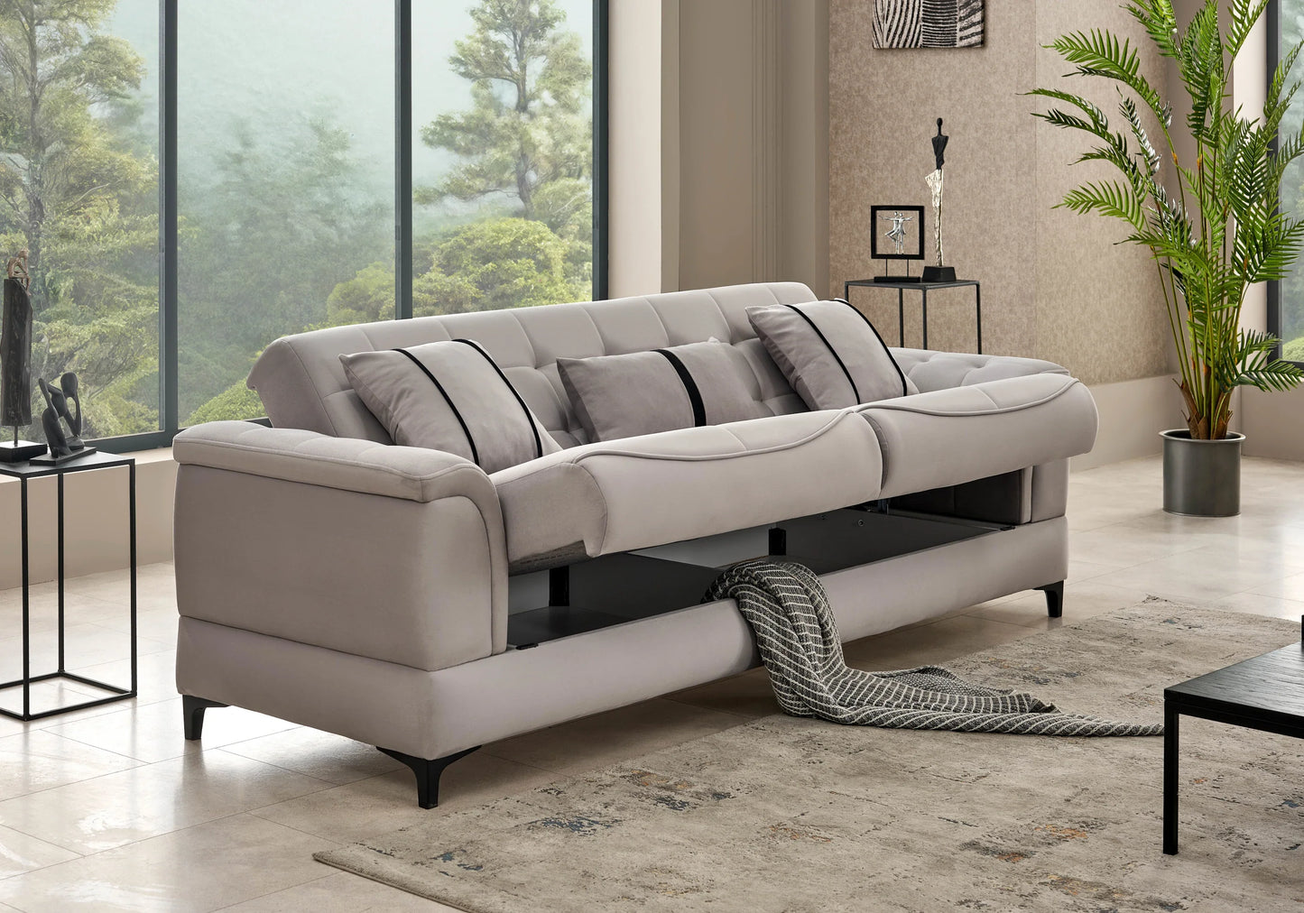 Canapé convertible capitonné velours gris perle – DELTA