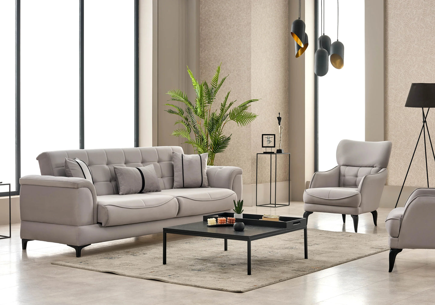 Canapé convertible capitonné velours gris perle – DELTA