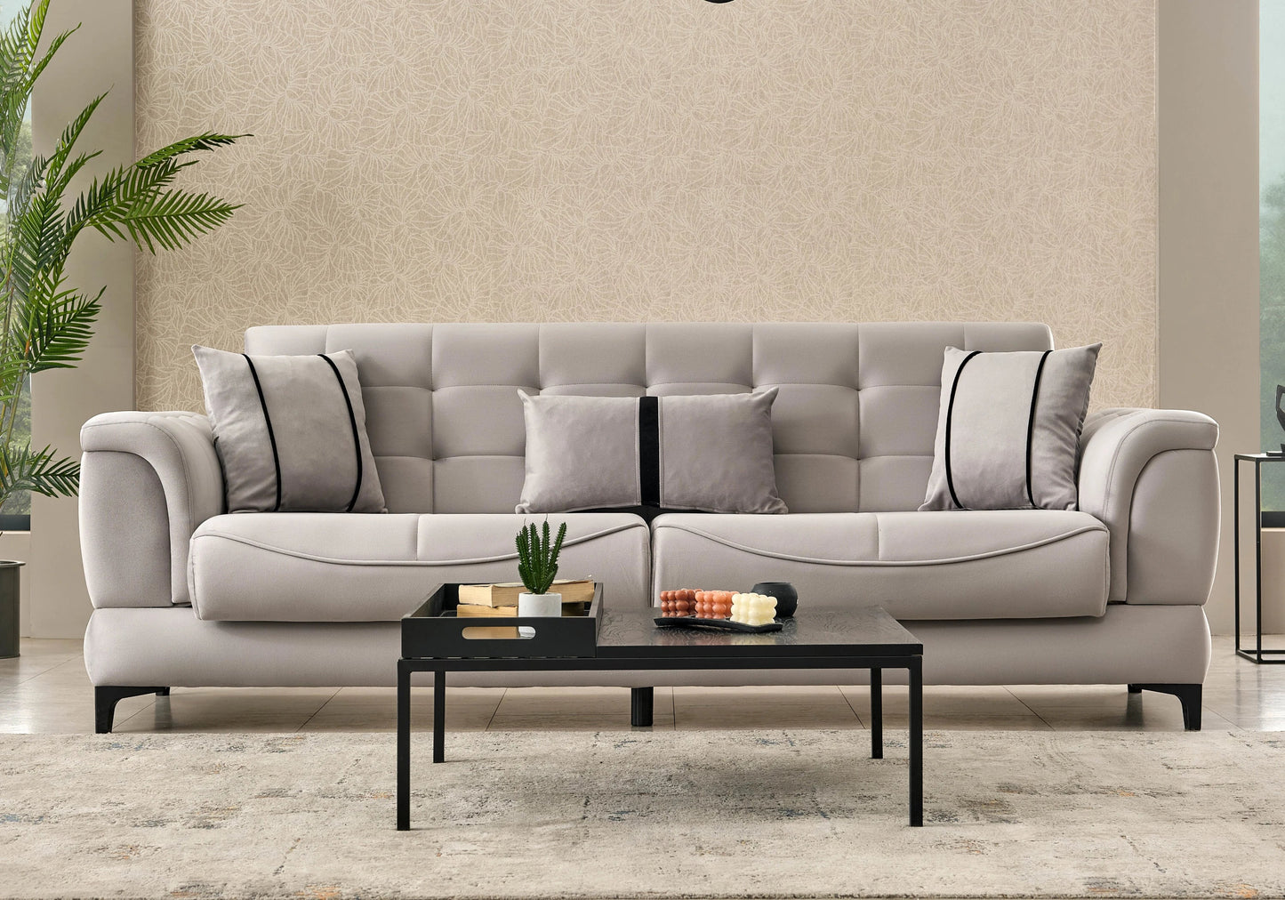 Canapé convertible capitonné velours gris perle – DELTA
