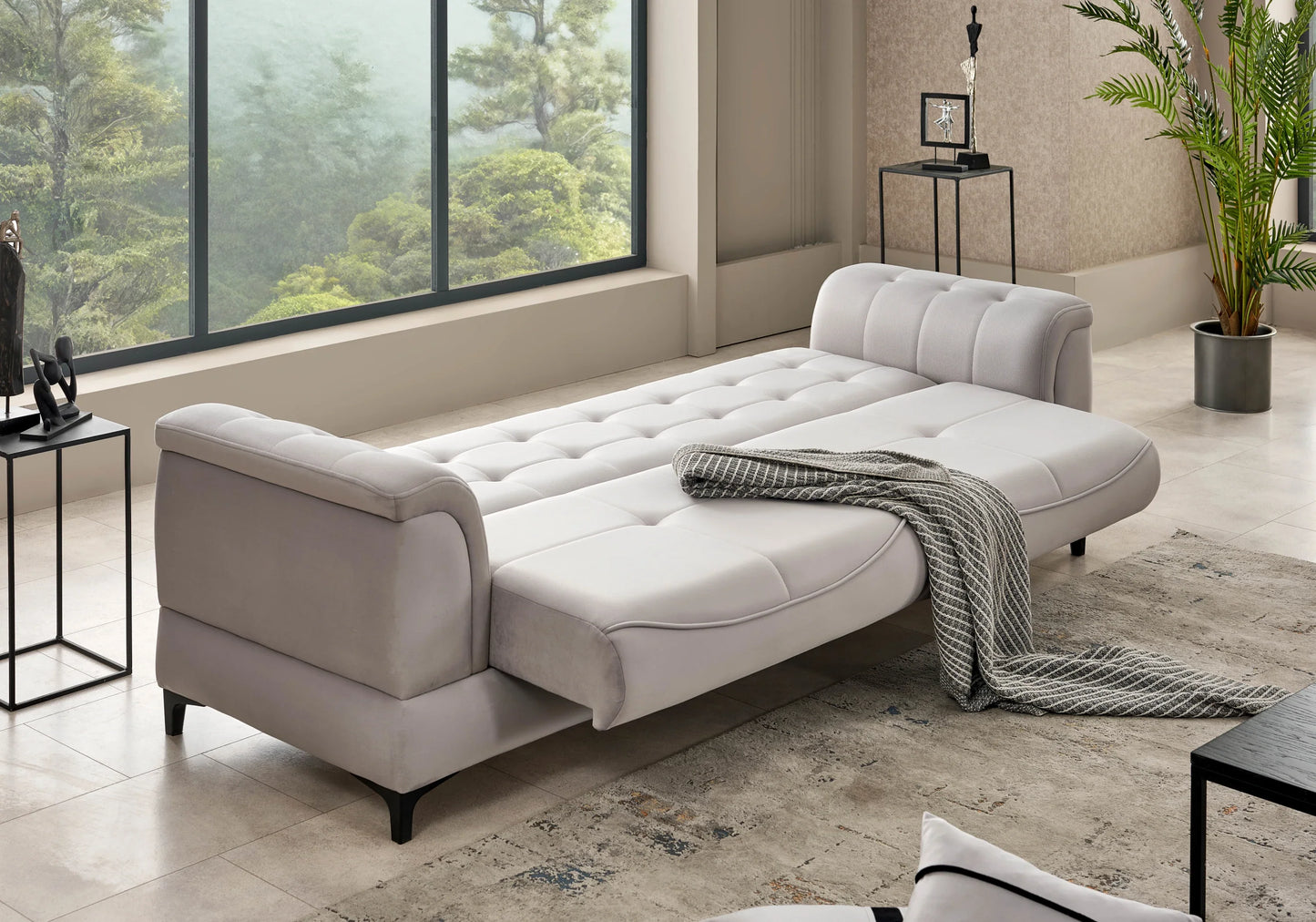 Canapé convertible capitonné velours gris perle – DELTA