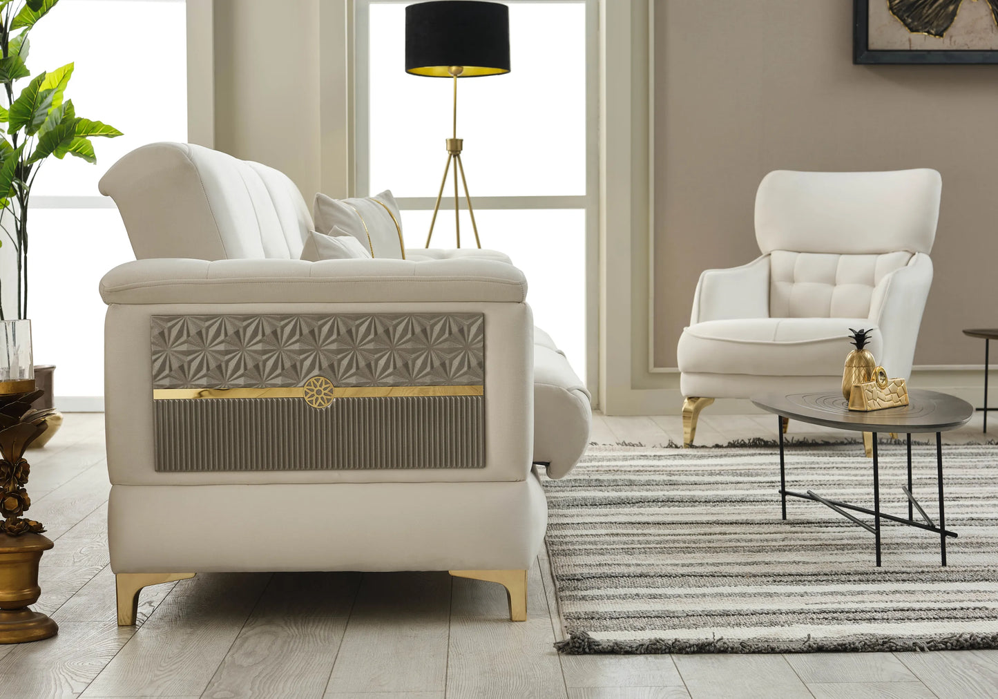 Canapé convertible velours blanc doré – LISA