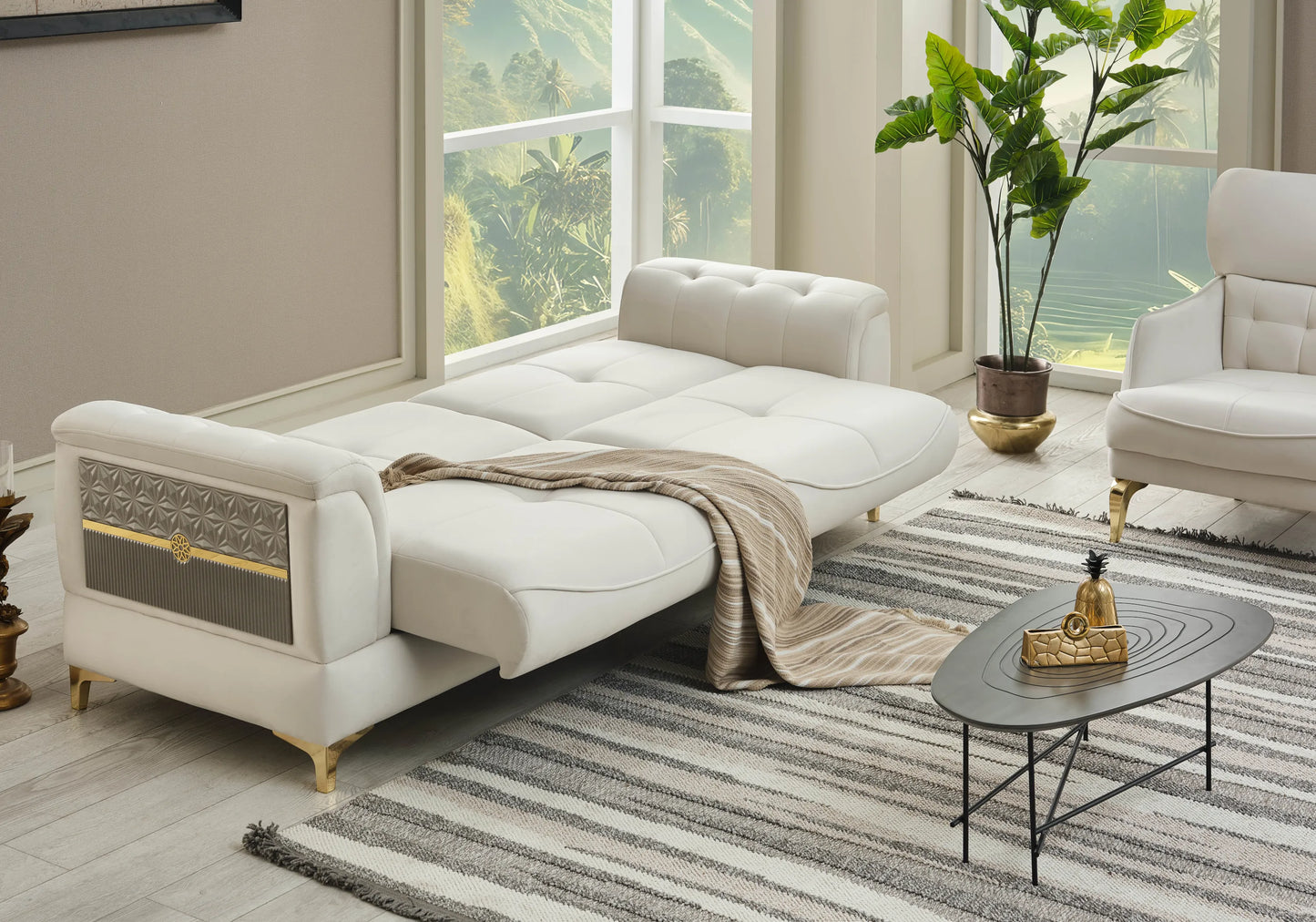 Canapé convertible velours blanc doré – LISA