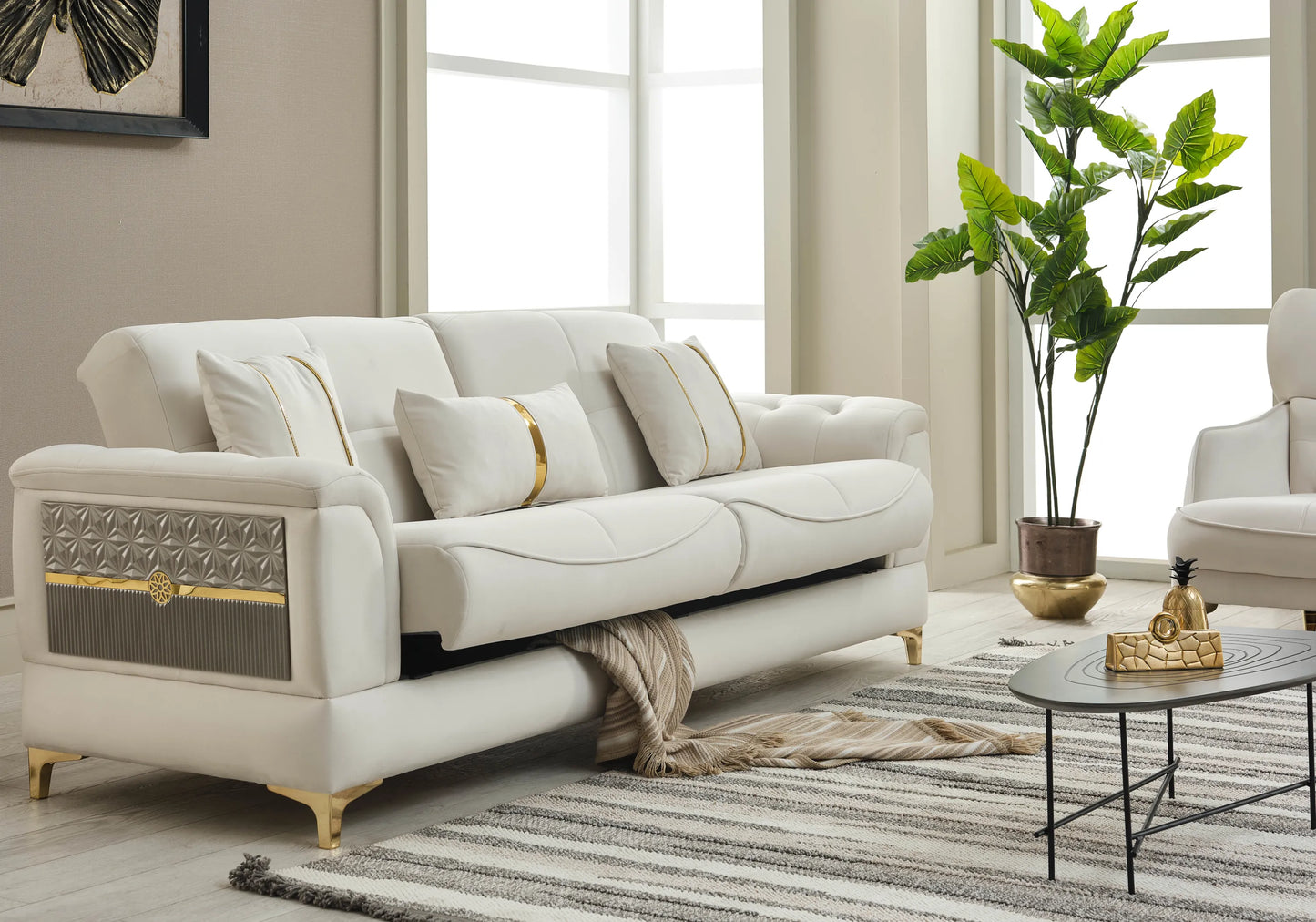 Canapé convertible velours blanc doré – LISA