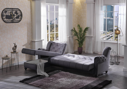 Canapé méridienne velours gris capitonné – MEVA