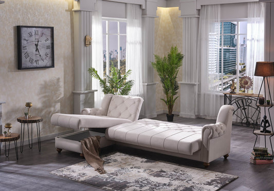 Canapé méridienne velours champagne capitonné – MEVA