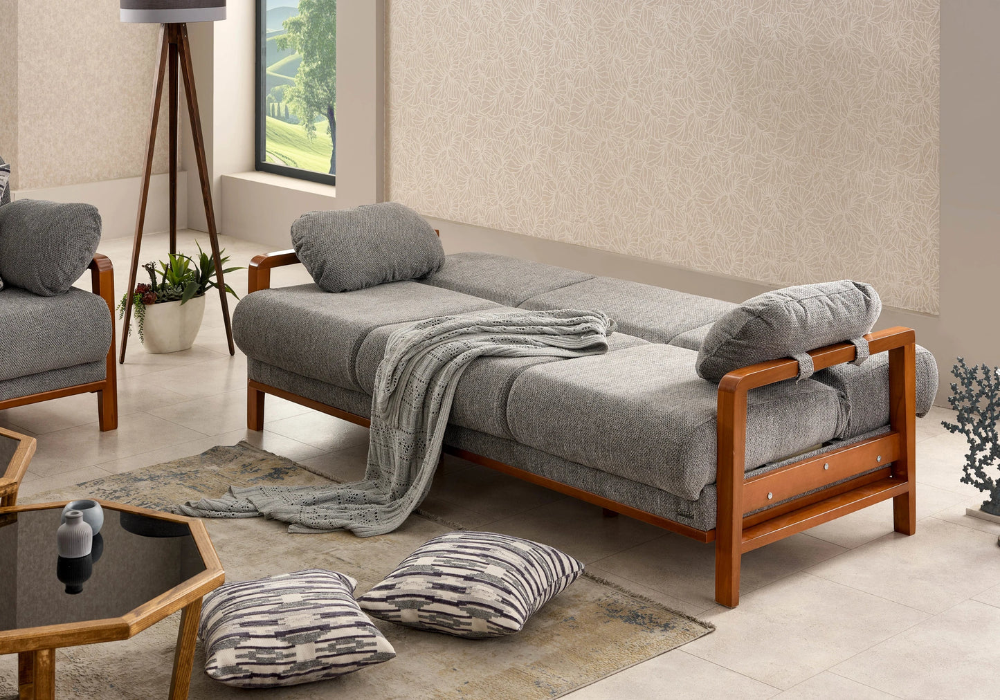 Canapé scandinave bois gris convertible – LENY