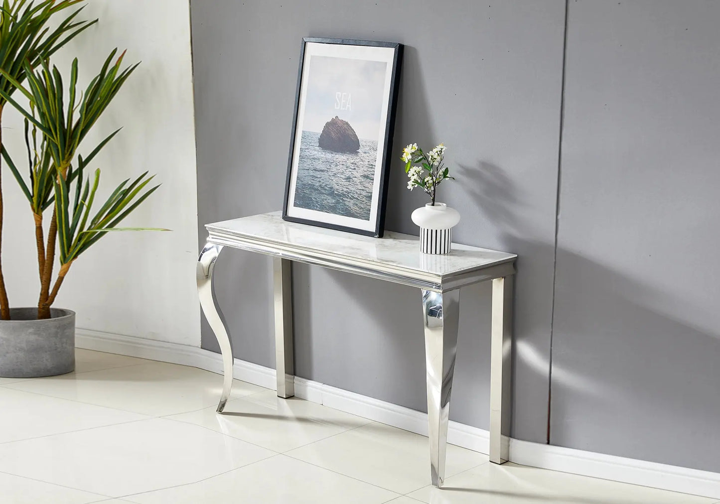 Console argentée marbre blanc BAROQUE - Galerie du Mobilier