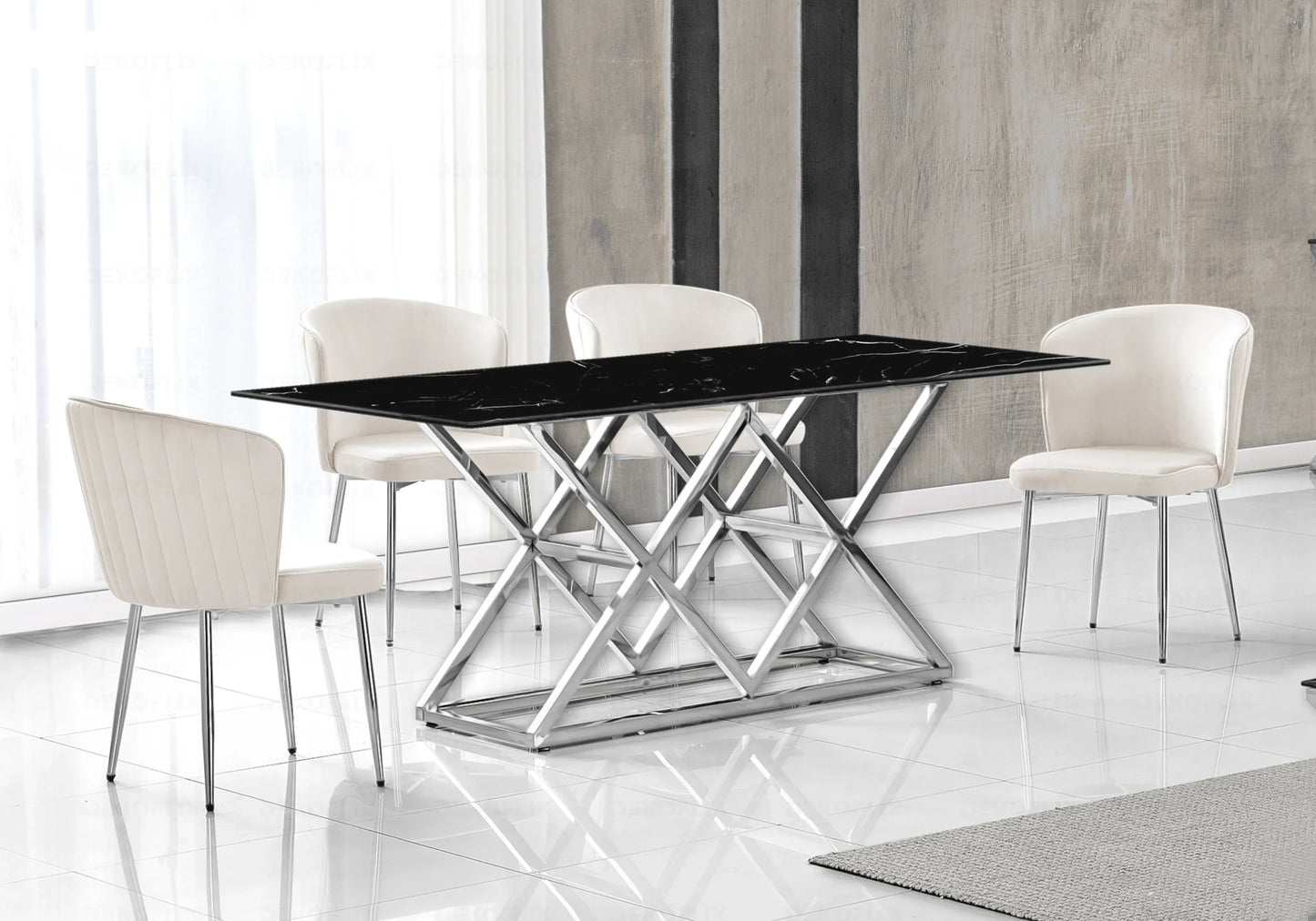 Table marbre noir argent et chaises velours – – Galerie du Mobilier