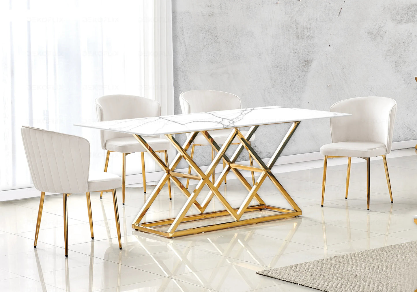 Table marbre blanc doré et chaises velours – – Galerie du Mobilier
