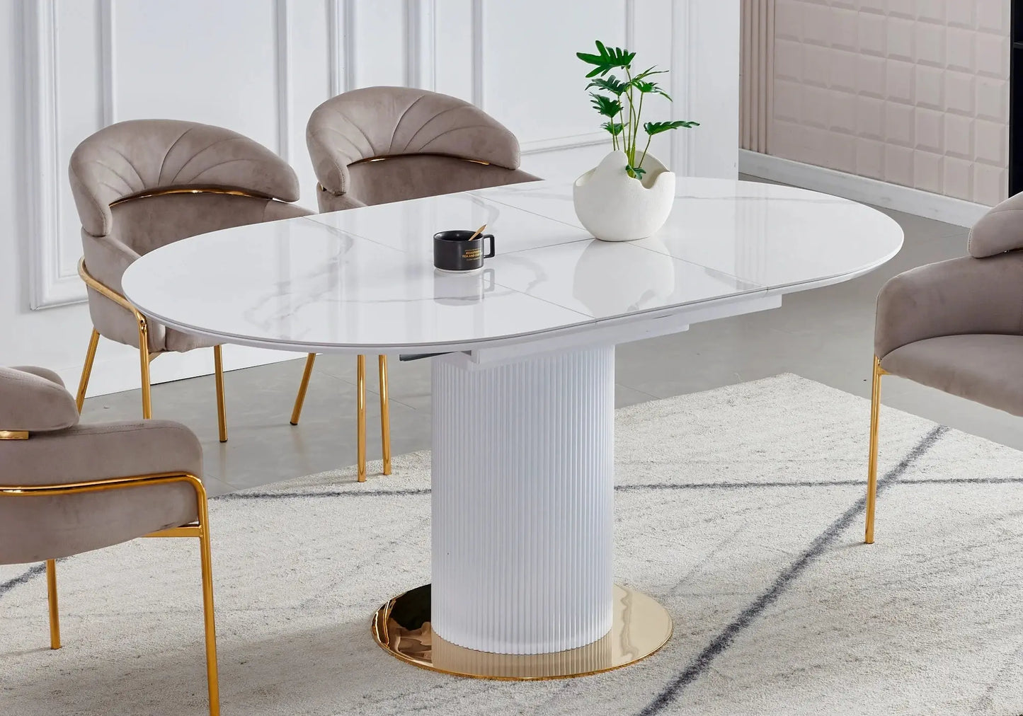 Ensemble table chaise doré céramique marbre blanc SOFIA Galerie du Mobilier