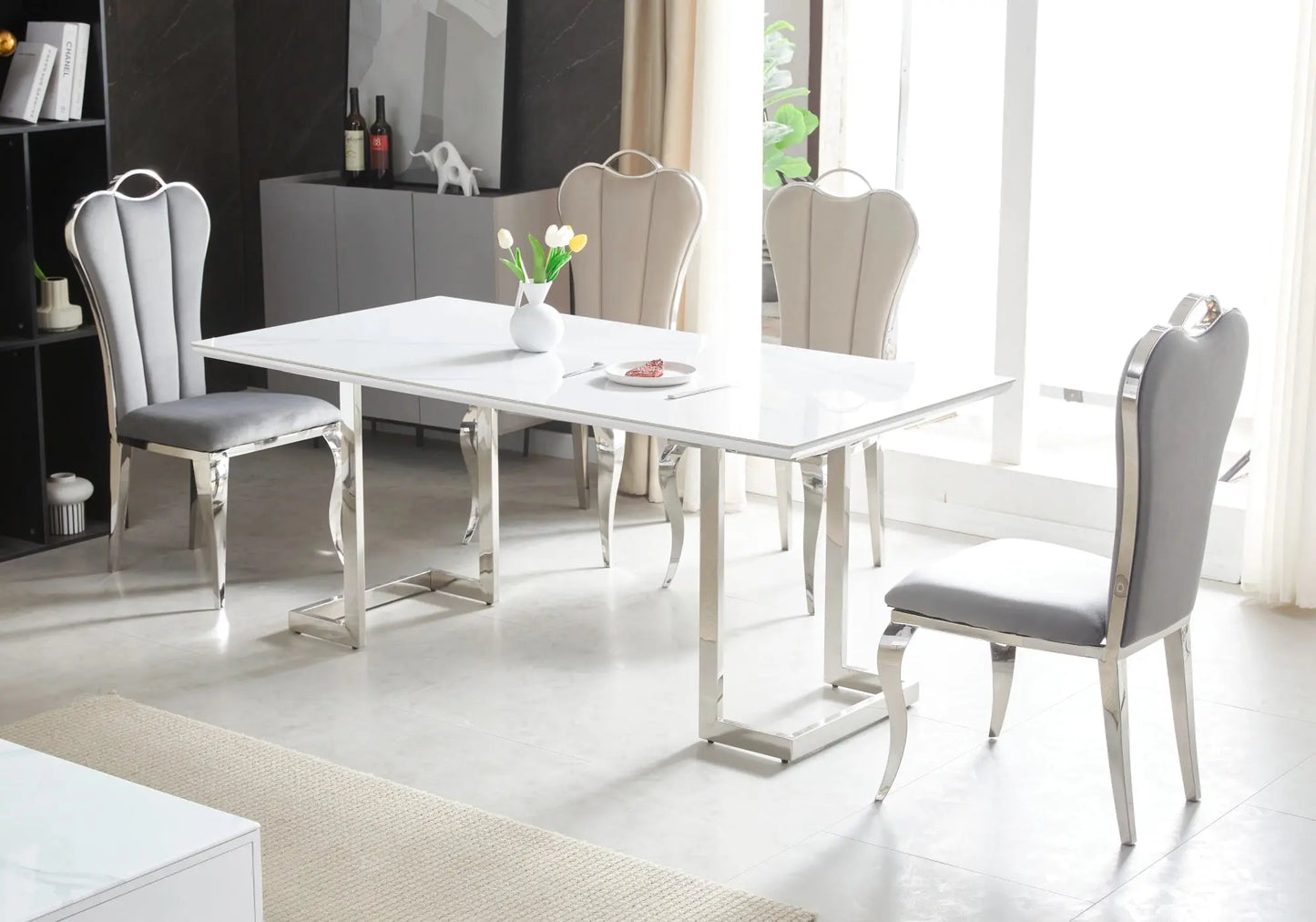 Ensemble table chaise dorée céramique marbre blanc LILA Galerie du Mobilier