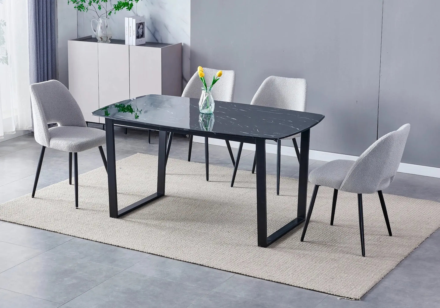 Ensemble table chaise noire marbre blanc – Galerie du Mobilier
