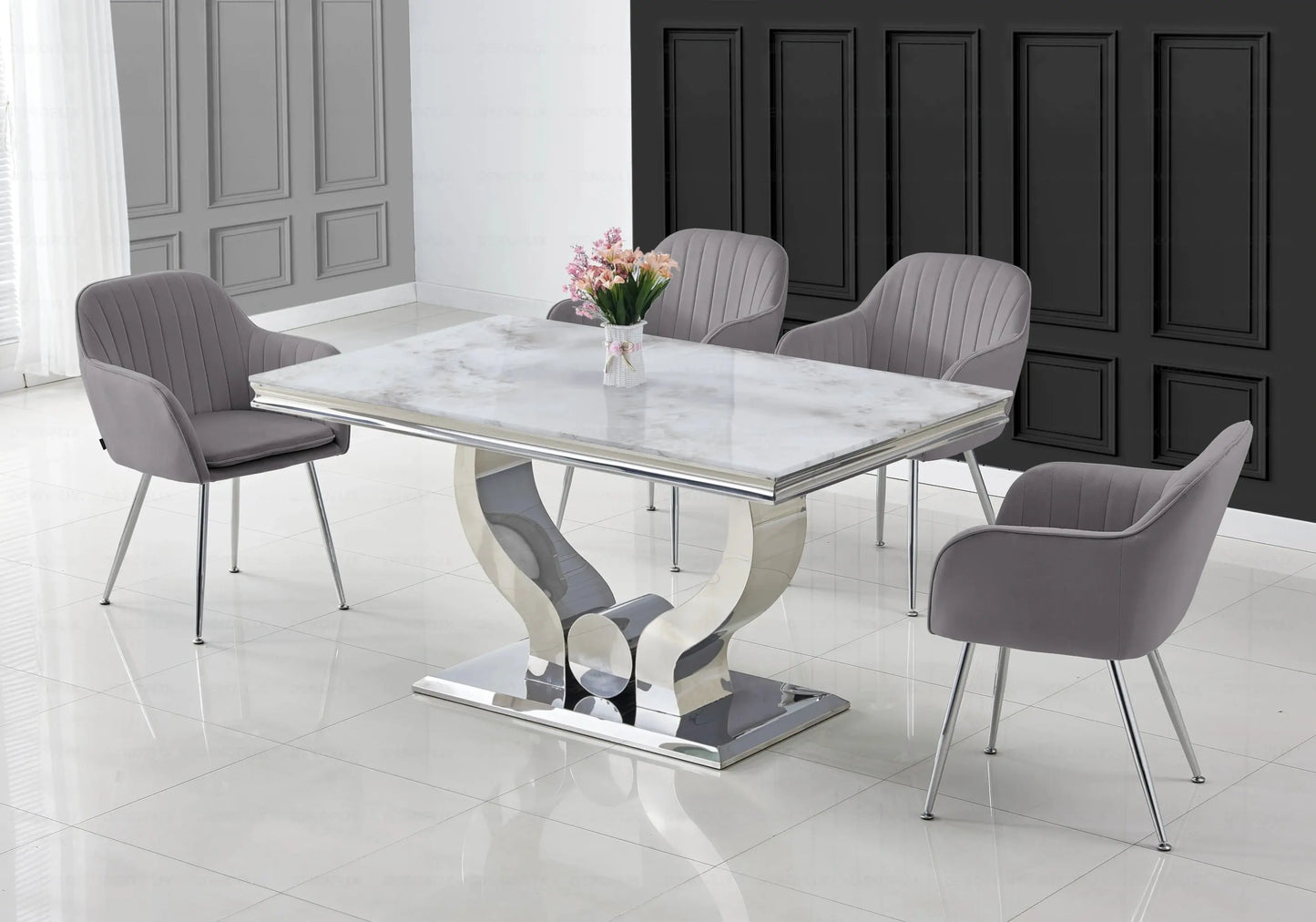 Ensemble table marbre beige et chaises anthracite TROPHEE Galerie du Mobilier
