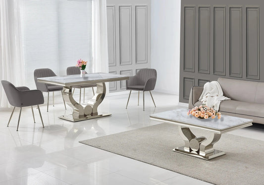 Ensemble table marbre beige et chaises anthracite TROPHEE Galerie du Mobilier
