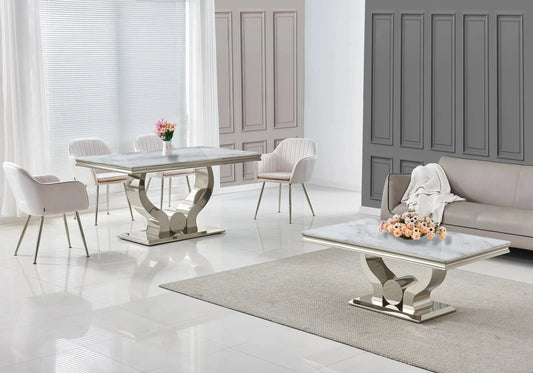 Ensemble table marbre beige et chaises beige TROPHEE Galerie du Mobilier