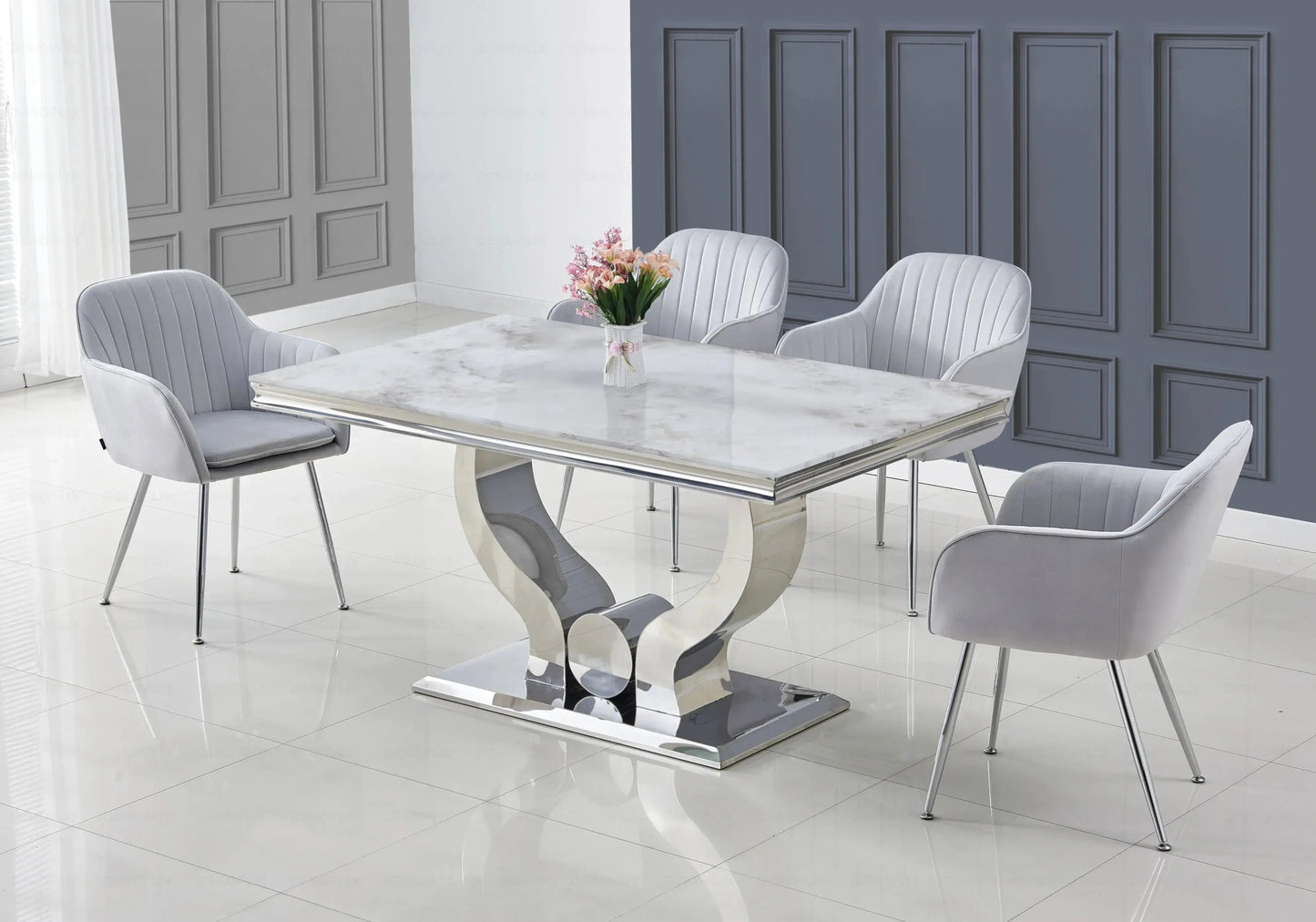 Ensemble table marbre beige et chaises gris TROPHEE Galerie du Mobilier