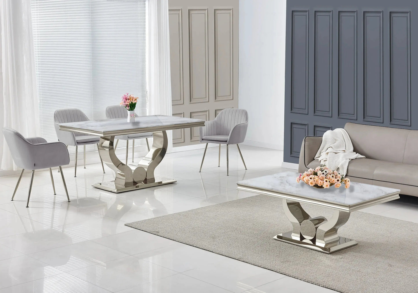 Ensemble table marbre beige et chaises gris TROPHEE Galerie du Mobilier
