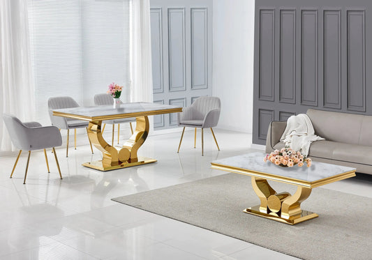 Ensemble table marbre beige et chaises gris doré TROPHEE Galerie du Mobilier