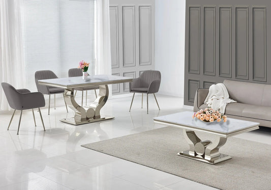 Ensemble table marbre blanc et chaises anthracite TROPHEE Galerie du Mobilier