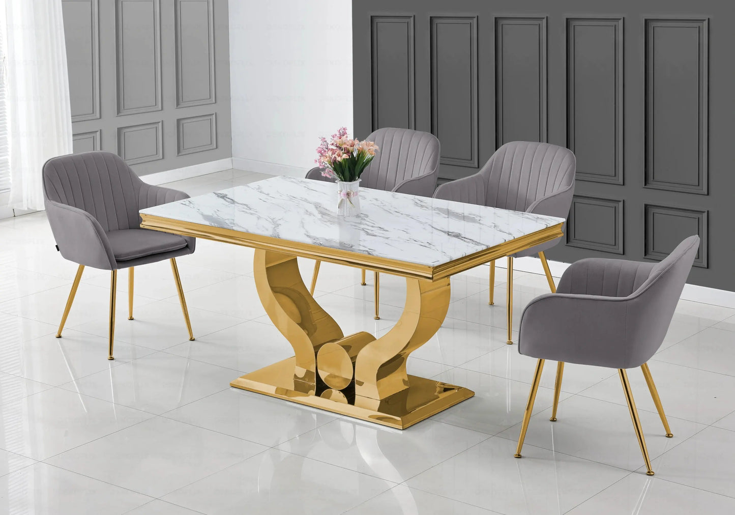 Ensemble table marbre blanc et chaises anthracite doré TROPHEE Galerie du Mobilier