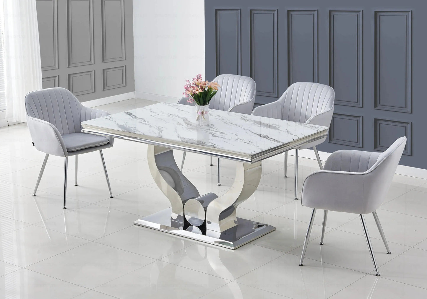 Ensemble table marbre blanc et chaises gris TROPHEE Galerie du Mobilier