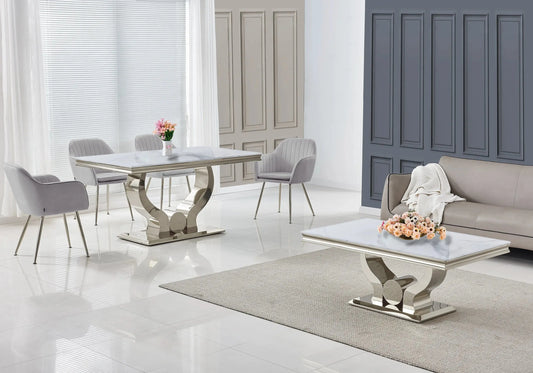 Ensemble table marbre blanc et chaises gris TROPHEE Galerie du Mobilier