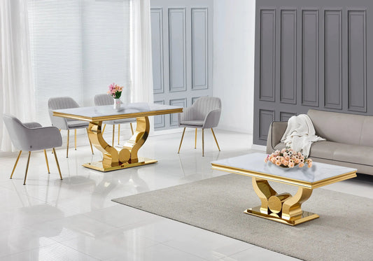 Ensemble table marbre blanc et chaises gris doré TROPHEE Galerie du Mobilier