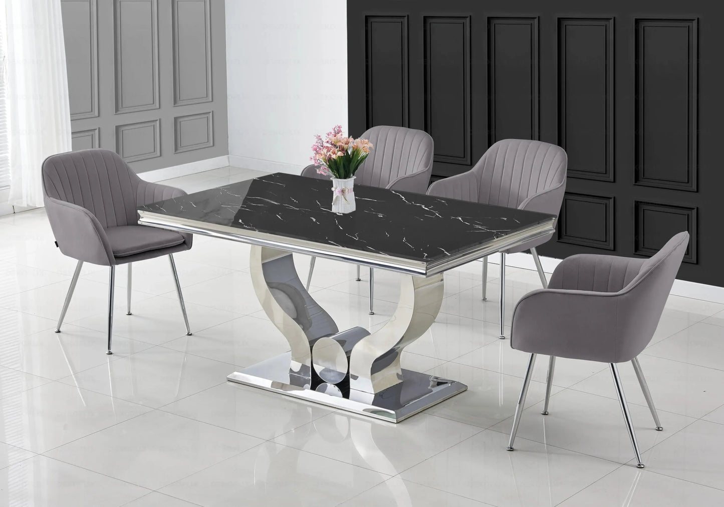 Ensemble table marbre noir et chaises anthracite TROPHEE Galerie du Mobilier
