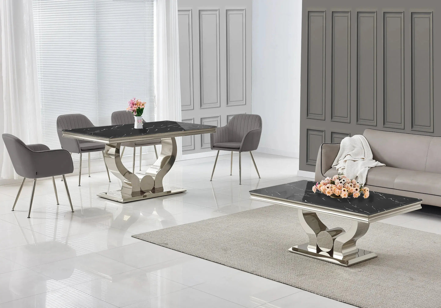 Ensemble table marbre noir et chaises anthracite TROPHEE Galerie du Mobilier