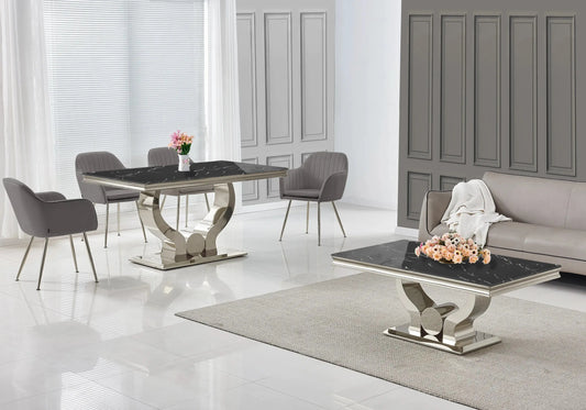 Ensemble table marbre noir et chaises anthracite TROPHEE Galerie du Mobilier